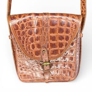 VINTAGE Mulberry Brown CROC Embossed Leather Saddle Crossbody Bag Brass Hardware